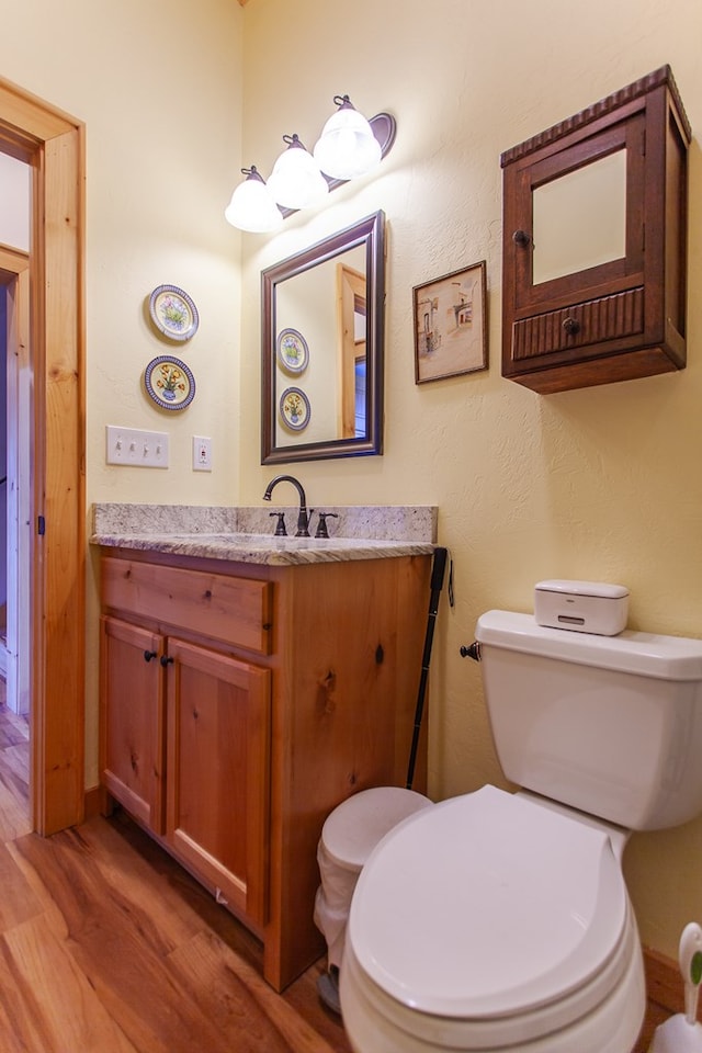 bathroom featuring vanity, wood-type flooring, and toilet