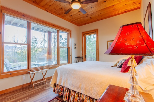 bedroom with ceiling fan, wooden ceiling, and light hardwood / wood-style flooring