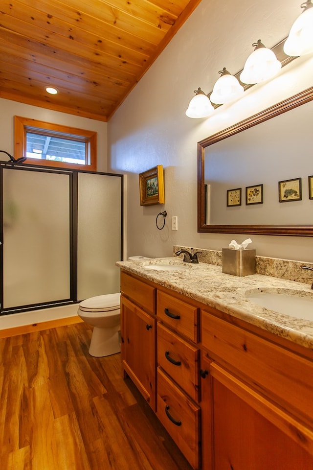 bathroom with hardwood / wood-style floors, vanity, lofted ceiling, an enclosed shower, and wood ceiling