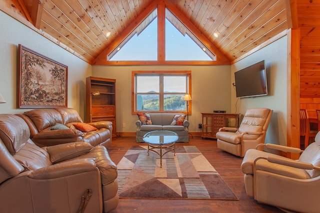 living room with wood walls, hardwood / wood-style floors, high vaulted ceiling, and wood ceiling