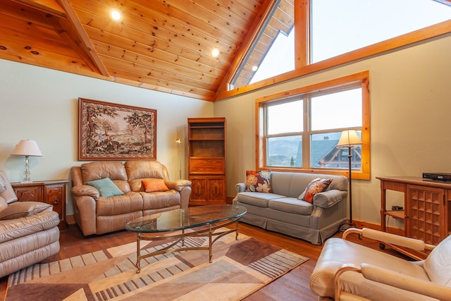 living room featuring lofted ceiling with beams, light hardwood / wood-style floors, and wooden ceiling