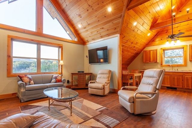 living room featuring wood ceiling, a healthy amount of sunlight, and hardwood / wood-style flooring