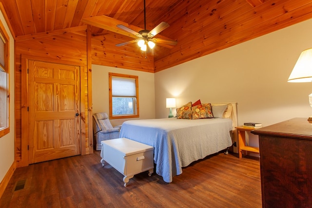 bedroom featuring dark hardwood / wood-style flooring, vaulted ceiling, ceiling fan, and wood ceiling