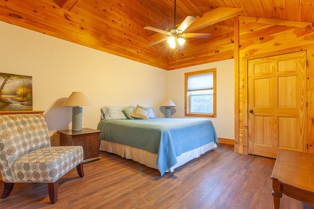 bedroom with vaulted ceiling with beams, ceiling fan, dark hardwood / wood-style flooring, and wood ceiling