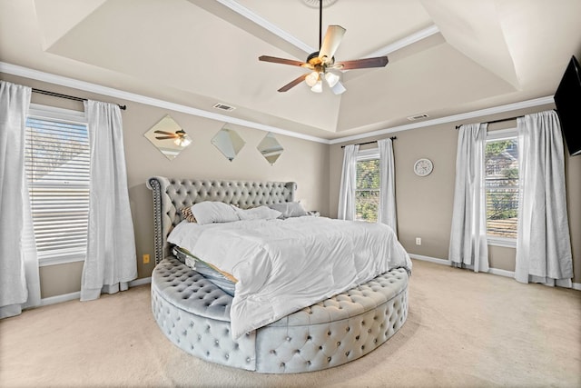 735 Amberton Close, Suwanee, GA 30024 - bedroom featuring a raised ceiling, baseboards, light colored carpet, crown molding, and a ceiling fan