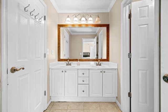 735 Amberton Close, Suwanee, GA 30024 - bathroom featuring double vanity, crown molding, tile patterned flooring, and baseboards