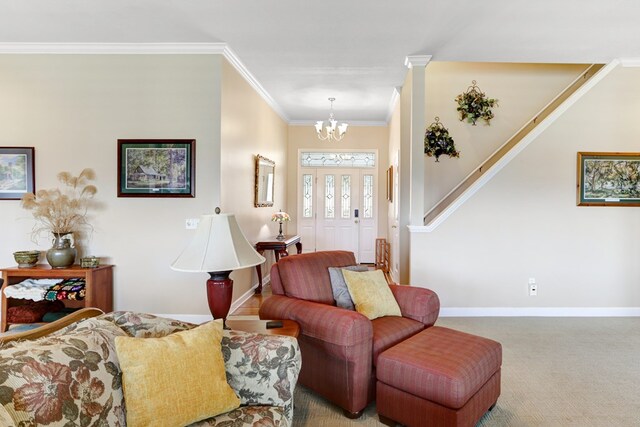 carpeted living room with an inviting chandelier and crown molding