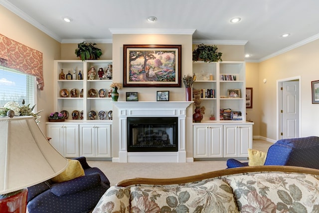 living room featuring light carpet and ornamental molding