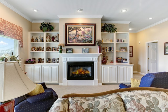 living room with ornamental molding and light carpet