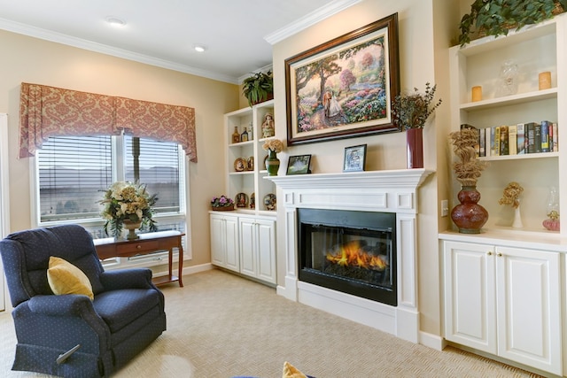 sitting room with built in features, ornamental molding, and light colored carpet