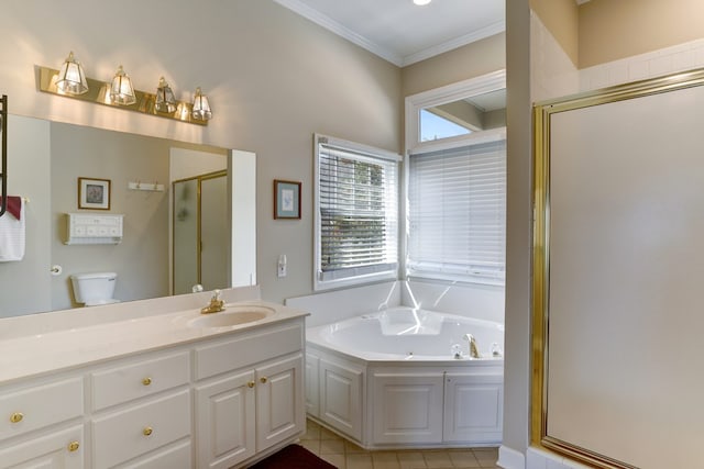 full bathroom with tile patterned flooring, crown molding, toilet, vanity, and plus walk in shower