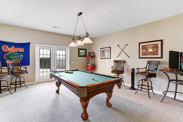 game room with light carpet, french doors, and billiards