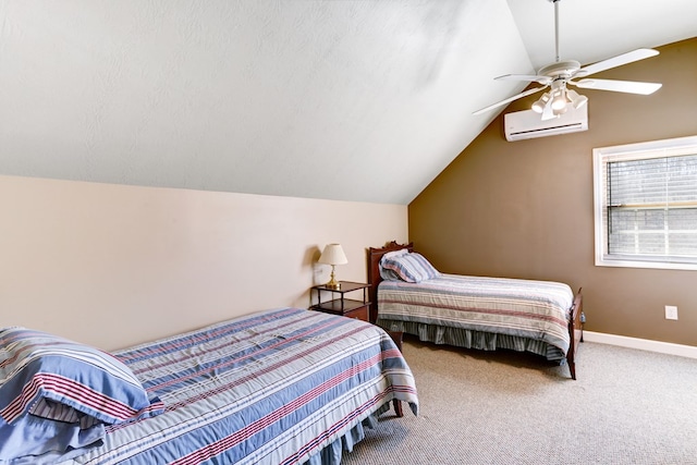 carpeted bedroom featuring an AC wall unit, lofted ceiling, and ceiling fan