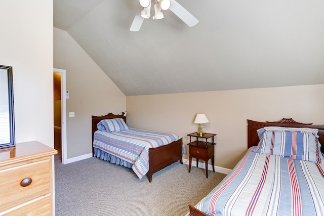 bedroom with carpet floors, ceiling fan, and lofted ceiling