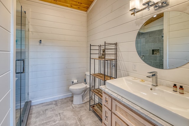 bathroom with wooden walls, wooden ceiling, a stall shower, and toilet