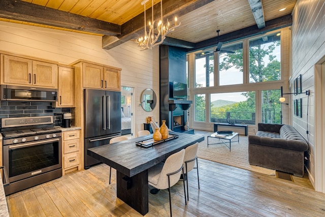kitchen with light wood-type flooring, wood walls, appliances with stainless steel finishes, and beamed ceiling