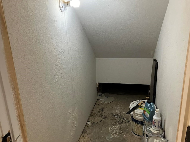 interior space featuring concrete flooring and vaulted ceiling