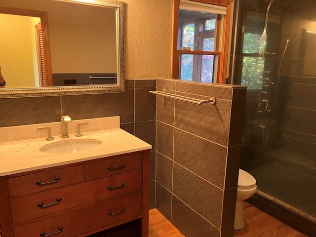 bathroom featuring vanity, toilet, wood-type flooring, and a shower with shower door