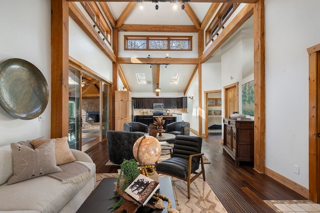 living room featuring beam ceiling, high vaulted ceiling, and dark hardwood / wood-style floors