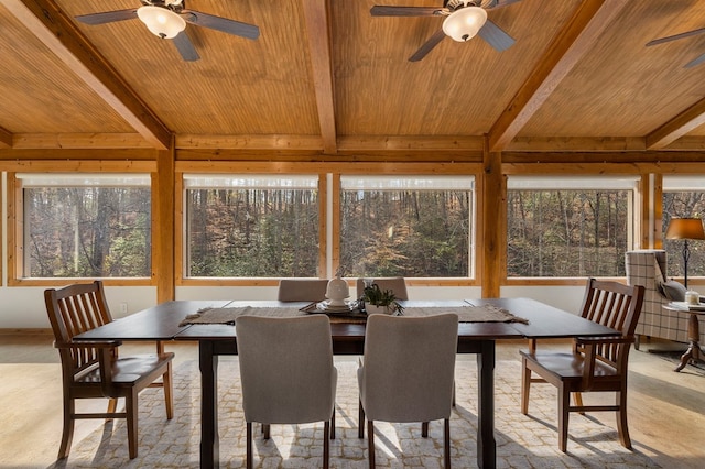 dining room featuring beamed ceiling, ceiling fan, and wooden ceiling