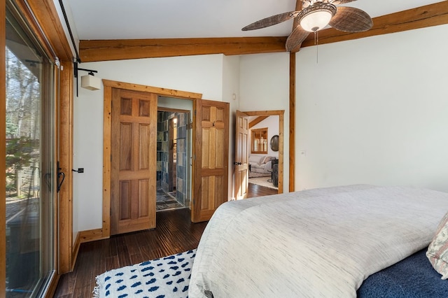 bedroom with dark hardwood / wood-style floors, ceiling fan, lofted ceiling with beams, and multiple windows