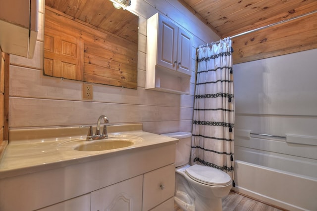 full bathroom featuring shower / bath combo, wooden walls, wooden ceiling, hardwood / wood-style floors, and toilet