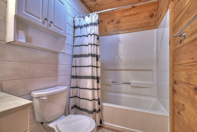 bathroom with wooden walls, wooden ceiling, shower / bath combo, and toilet