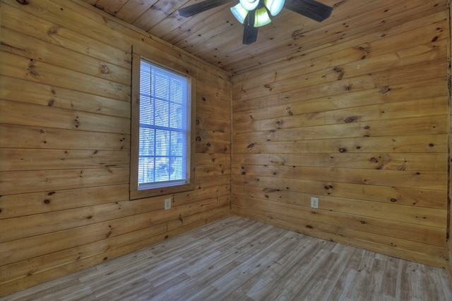 unfurnished room with wood walls, ceiling fan, light hardwood / wood-style floors, and wooden ceiling