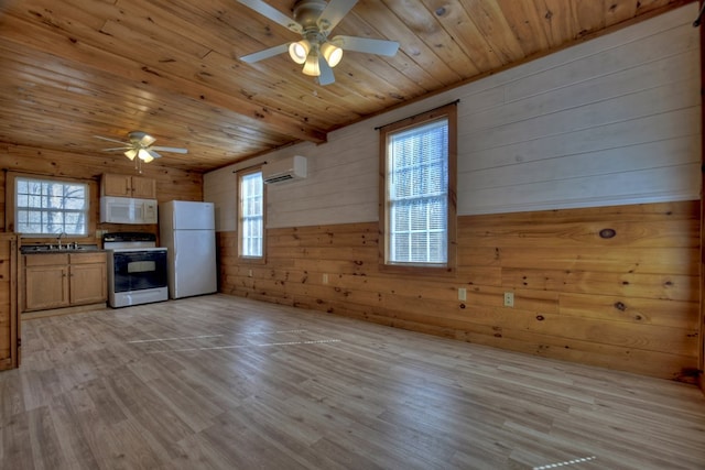 kitchen with wooden ceiling, a wall mounted AC, wood walls, light hardwood / wood-style floors, and white appliances