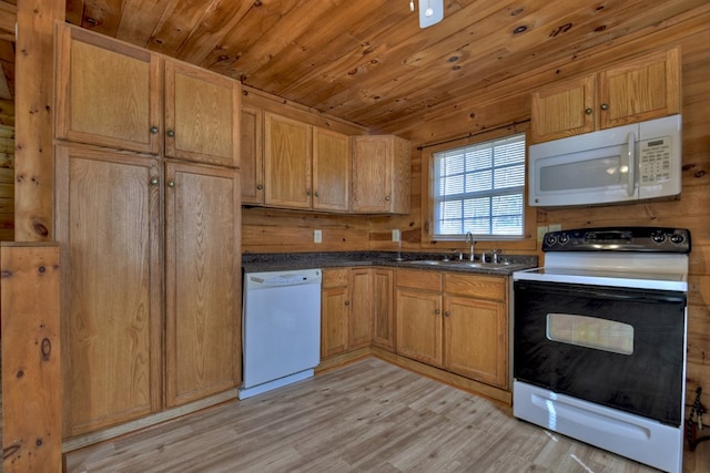 kitchen with wood walls, white appliances, sink, light hardwood / wood-style flooring, and wood ceiling