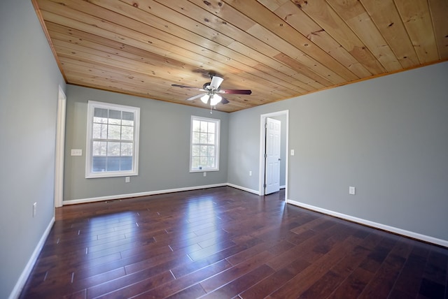 unfurnished room with ceiling fan, wooden ceiling, and dark hardwood / wood-style flooring