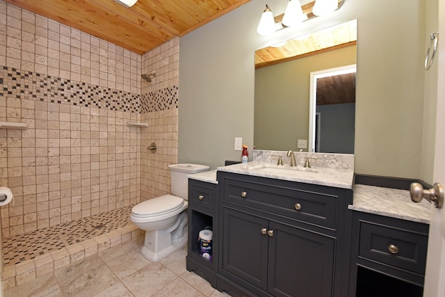 bathroom featuring wood ceiling, tiled shower, vanity, and toilet