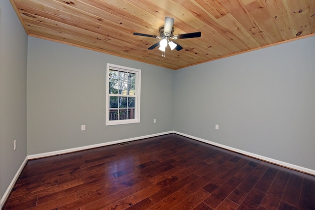 unfurnished room featuring wood-type flooring, wooden ceiling, and ceiling fan