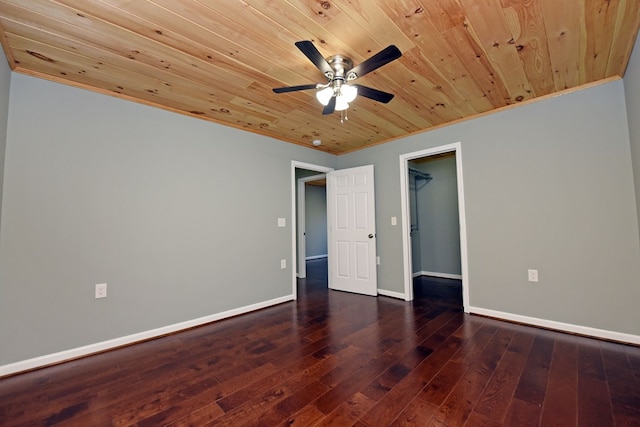 empty room featuring crown molding, wood ceiling, and dark hardwood / wood-style flooring