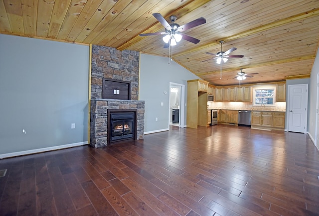 unfurnished living room with lofted ceiling, sink, wood ceiling, dark wood-type flooring, and a fireplace