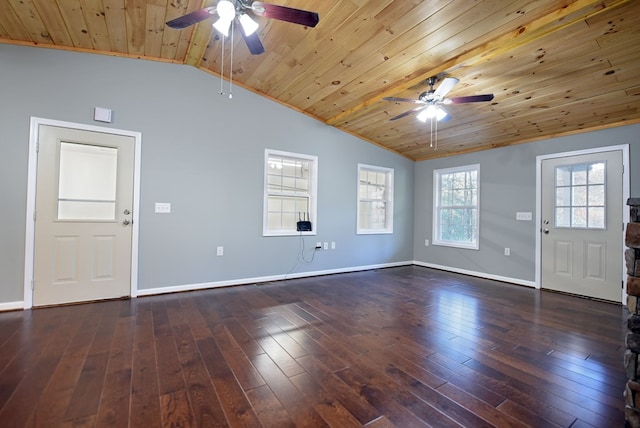 unfurnished living room with wood ceiling, ceiling fan, dark hardwood / wood-style floors, and vaulted ceiling