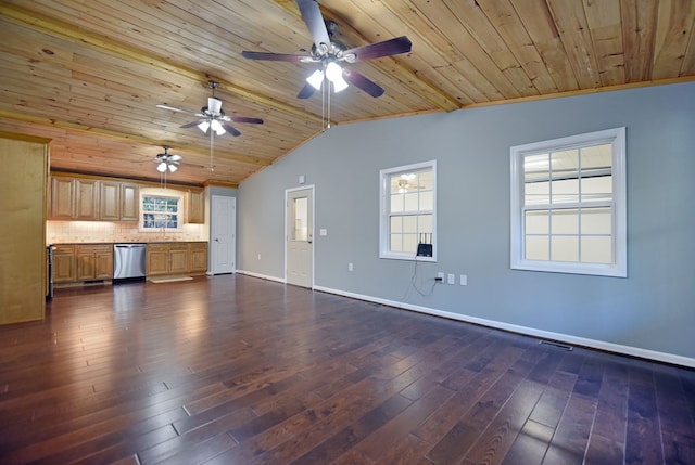 unfurnished living room with vaulted ceiling, dark hardwood / wood-style floors, and wooden ceiling