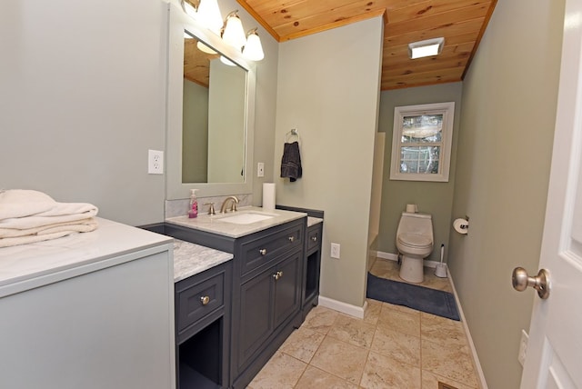 bathroom featuring vanity, wood ceiling, and toilet