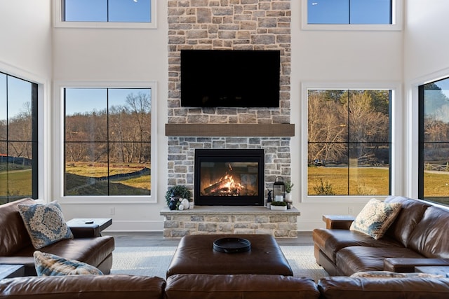 living area with a stone fireplace, a high ceiling, plenty of natural light, and wood finished floors