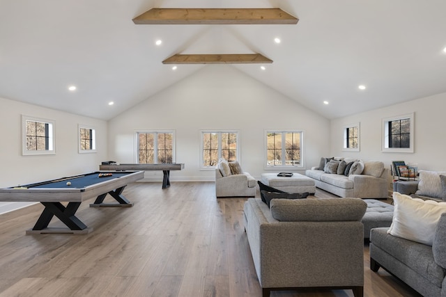 living area featuring billiards, wood finished floors, baseboards, high vaulted ceiling, and beam ceiling