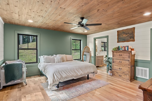 bedroom featuring multiple windows, wood ceiling, and light wood-type flooring