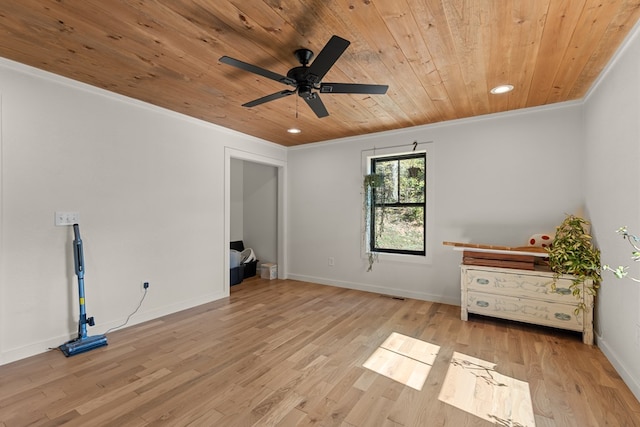 unfurnished bedroom featuring crown molding, light hardwood / wood-style flooring, wood ceiling, and ceiling fan