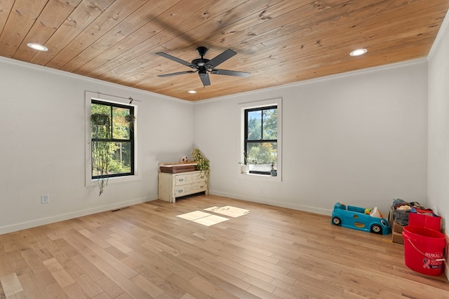 empty room with wood ceiling, light wood-type flooring, and ceiling fan