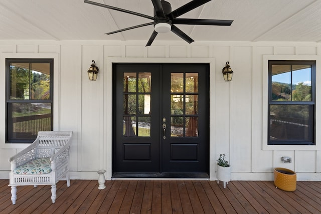 entrance to property with french doors and ceiling fan