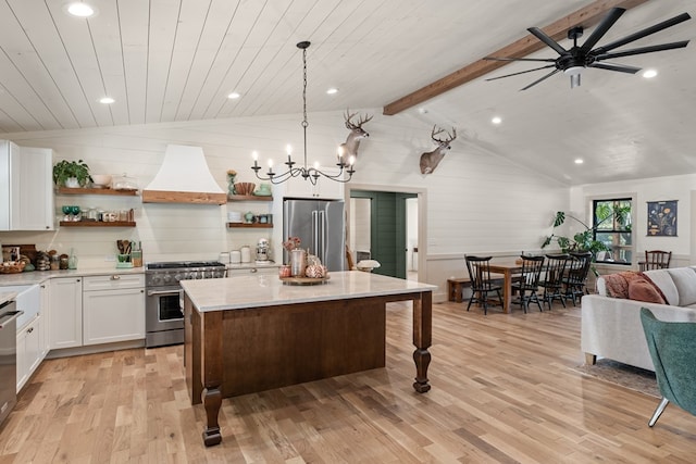 kitchen with hanging light fixtures, stainless steel appliances, lofted ceiling with beams, light wood-type flooring, and white cabinets