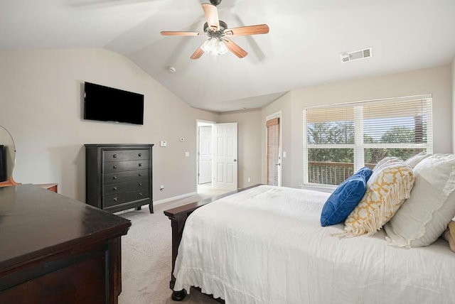 6665 Flagstone Ct, Cumming, GA 30028 - bedroom with light carpet, vaulted ceiling, and a ceiling fan