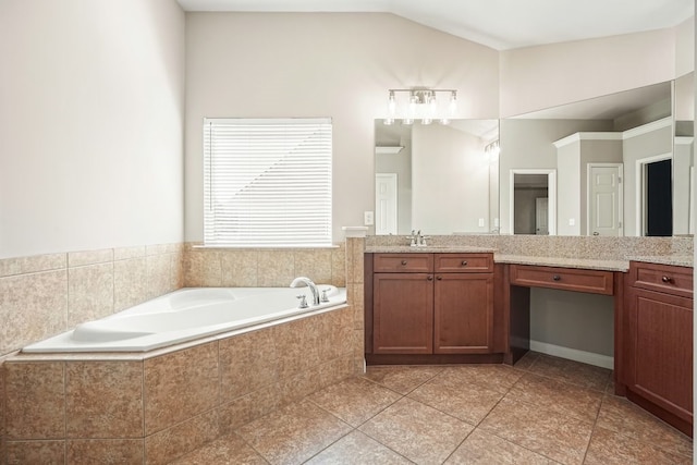 6665 Flagstone Ct, Cumming, GA 30028 - bathroom with vanity, a garden tub, tile patterned flooring, and lofted ceiling