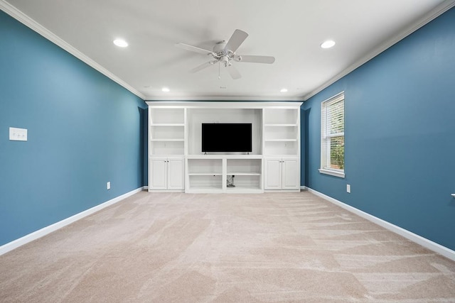 6665 Flagstone Ct, Cumming, GA 30028 - unfurnished living room featuring crown molding, ceiling fan, recessed lighting, light colored carpet, and built in features