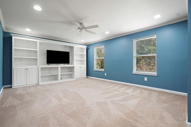 6665 Flagstone Ct, Cumming, GA 30028 - unfurnished living room featuring crown molding, ceiling fan, recessed lighting, and light colored carpet