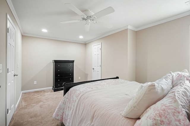 6665 Flagstone Ct, Cumming, GA 30028 - bedroom featuring light carpet, crown molding, recessed lighting, and a ceiling fan